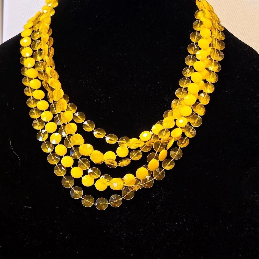 Yellow Multi Strand Acrylic Bead Statement Necklace Faceted Matte Silver Tone